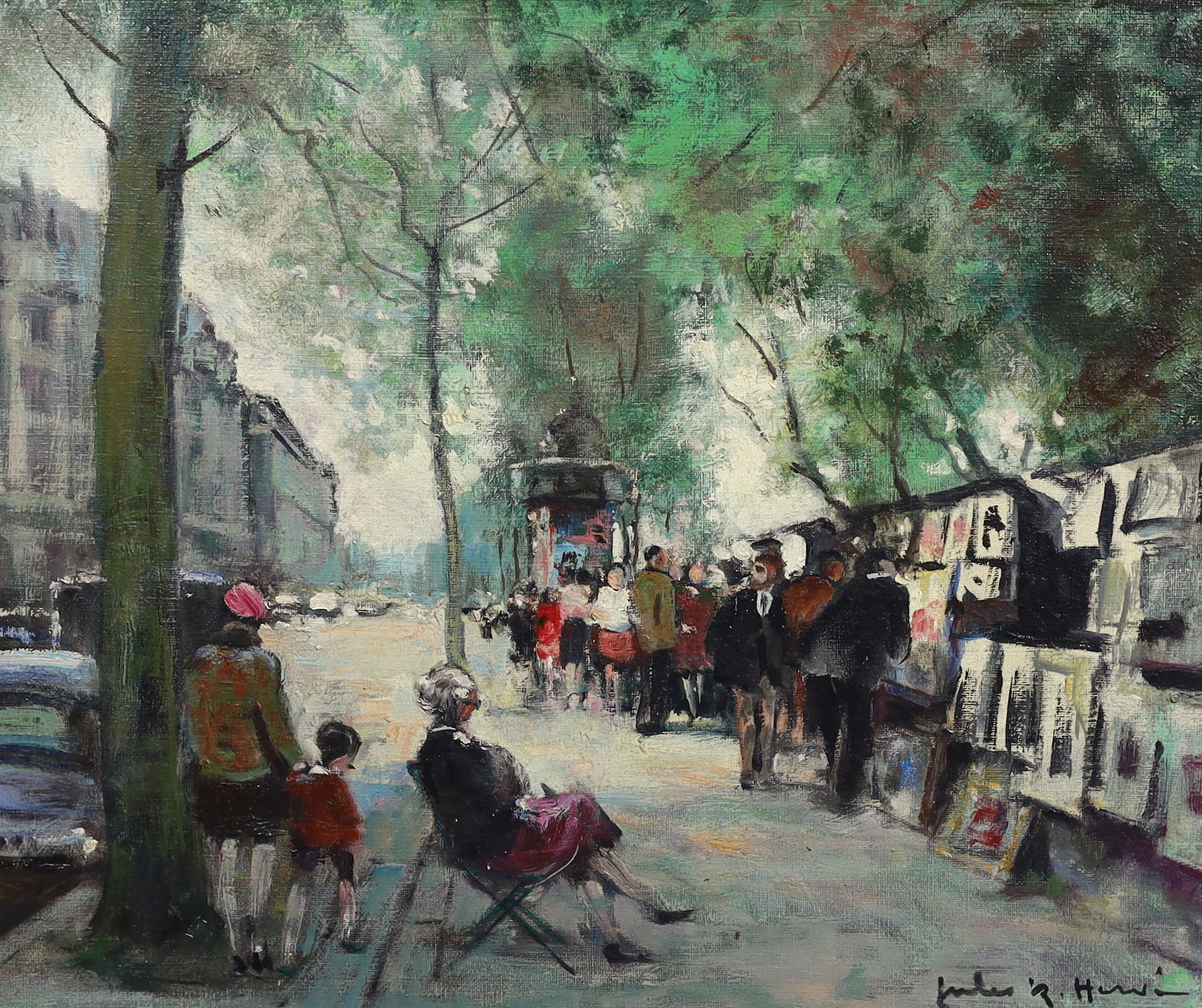 Jules René Hervé (French, 1887-1981), French street scene with picture sellers, oil on canvas, 37 x 45cm